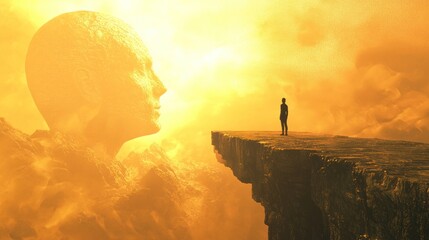 Fototapeta premium A lone figure stands on a jagged cliff overlooking a vast, otherworldly landscape, with a large, humanoid head looming in the foreground, casting a shadow