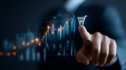 A man points at graphs of sales data cart on a dark digital analytics dashboard, highlighting insights, trends, and business performance.