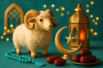 Golden horned ram figurine with ornate crescent and star motif and glowing lantern on teal background with bokeh lights symbolizing Islamic Eid al-Adha festival celebration.