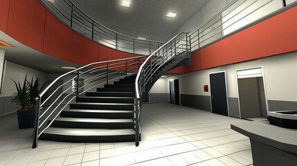 Modern interior view with a grand staircase, featuring metallic railings, red accents, and overhead lighting