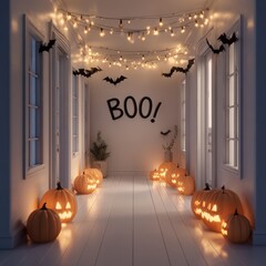 Obraz premium Festive Halloween Hallway with Jack-o'-Lanterns, String Lights, and Bats Creating a Spooky and Fun Atmosphere Indoors
