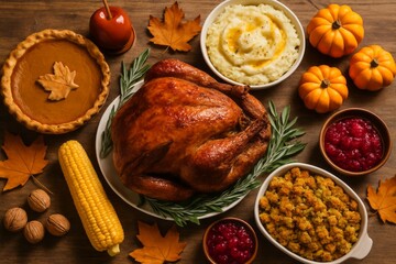 Thanksgiving feast flat lay with roasted turkey, corn on the cob, mashed potatoes, cranberries, pumpkin pie and mini pumpkins on rustic wooden table