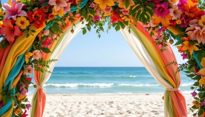 a tropical rainbow arch with bright multicolor leaf patterns and light fabrics producing a fun energetic and festive mood for beach or garden ceremonies