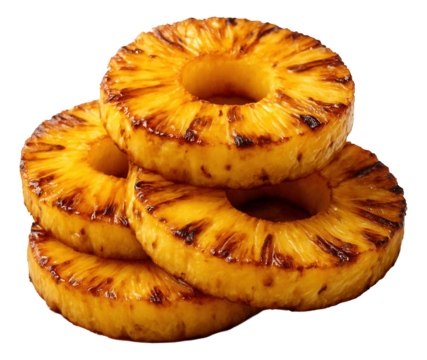 Grilled pineapple rings with caramelized edges, stacked on a ceramic plate.