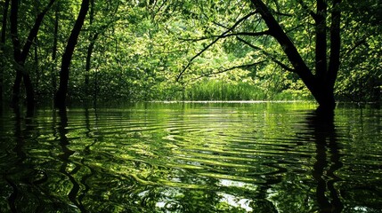 A serene, flooded forest with trees and water, creating a tranquil and natural setting.