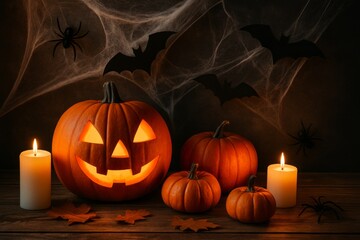 Obraz premium Halloween still life with two carved pumpkins, spider webs, small pumpkins and candle on dark background representing spooky autumn decor