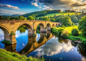 Fototapeta premium Ancient bridge spanning a river with a majestic view of the surrounding landscape