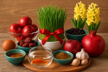 Decorative Haft‑Seen arrangement featuring a wheatgrass centerpiece, apples, vibrant yellow flowers, purple hyacinth, nuts and small bowls for Persian New Year celebration