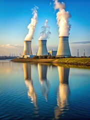 Distant landscape of a nuclear power plant's island with cooling towers and reactors