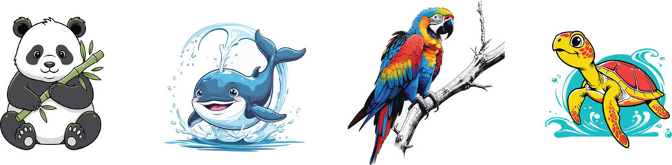 Fototapeta premium Cute cartoon animals, including panda, dolphin, macaw, and turtle, in a playful, colorful style.