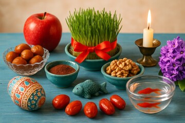 Haft‑Seen table setting with wheatgrass wrapped in a red ribbon, pomegranate, apple, lit candle, purple hyacinth, nuts and bowls for Persian New Year celebration
