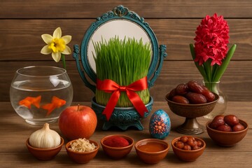 Traditional Haft‑Seen setup featuring a mirror, wheatgrass tied with a red ribbon, goldfish bowl, hyacinth flower, apples, garlic, nuts and colored eggs for Persian New Year celebration