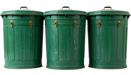 There are three vintagestyle green trash bins displayed prominently against a white background