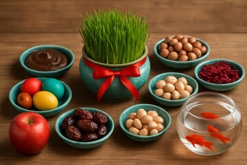 Haft‑Seen arrangement with a wheatgrass centerpiece tied with a red ribbon, surrounded by bowls of nuts, apples, pomegranate and a jar of dried fruits for Persian New Year celebration