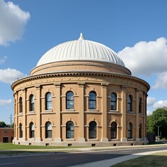 Obraz premium A domed, circular brick building with arched windows under a clear blue sky. The architectural style is historic, evoking a sense of grandeur.