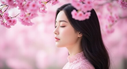 Naklejka premium Serene Young Woman Enjoys Cherry Blossom Season Outdoors
