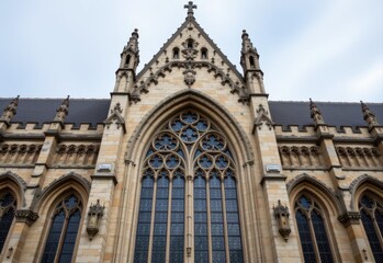Fototapeta premium a gothic cathedral side arch with pointed apex flying buttresses carved stone tracery and stained glass windows producing a historic and sacred european medieval atmosphere