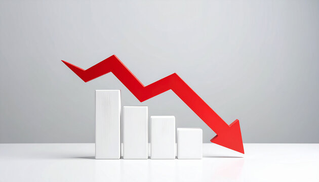 Minimalist white graph with red arrow pointing down. Business risk, financial decline and money loss