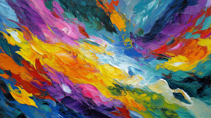 A hand-painted vibrant abstract acrylic artwork displays bold colors, dynamic textures, and expressive brushstrokes, creating an energetic and visually captivating composition.