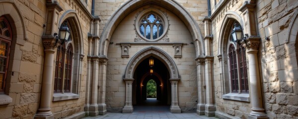 Obraz premium a monastery cloister entry arch with pointed gothic windows stone ribbing delicate carvings and hanging lanterns producing a tranquil and historic medieval european atmosphere