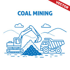 Naklejka premium Coal Mining Excavator Loading Coal into Truck with Mountain Landscape – Outline Graphic Illustration