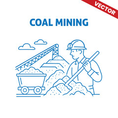 Coal Miner with Helmet Shoveling Coal beside Cart and Mining Equipment – Outline Graphic Illustration