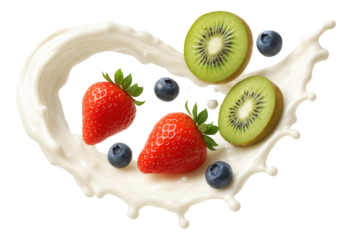 Milk flowing in a smooth curve around a selection of vibrant fruits.