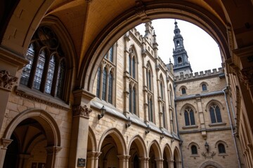a monastery cloister arch with pointed gothic windows ribbed stone frames floral carvings and hanging lanterns producing serene european medieval architecture in a historical setting