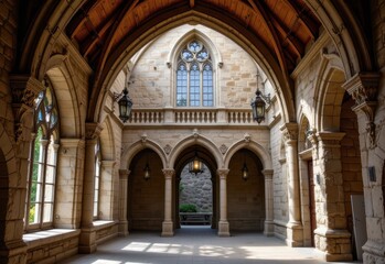 a monastery cloister arch with pointed gothic windows ribbed stone frames delicate floral carvings and hanging iron lanterns producing a tranquil authentic medieval atmosphere