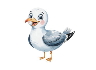 Cheerful cartoon seagull with a big smile. Hand-painted seagull bird in playful kids style.