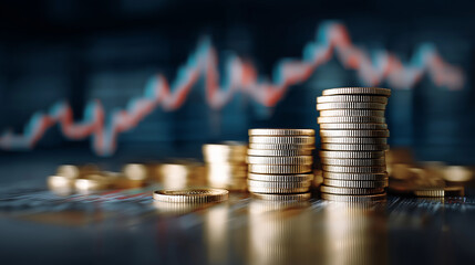 Stacks of golden coins and financial charts represent investment and asset management yield, symbolizing wealth growth, stability, and smart financial planning.