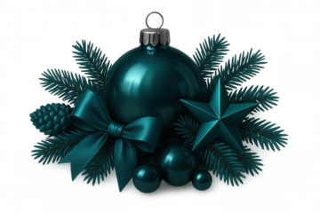 Christmas decoration with teal bauble, satin bow, star, pine cone, and fir tree branches isolated on transparent background