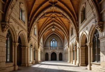 Fototapeta premium a monastery cloister arch with pointed gothic windows ribbed stone frames delicate carvings and hanging lanterns producing a serene and historic european medieval environment