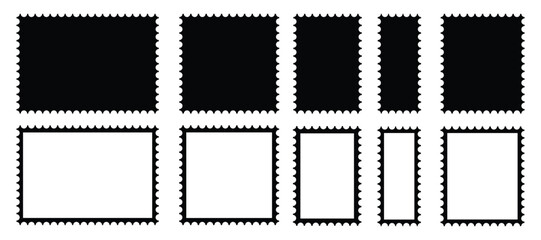 Postage stamp frames set. Empty border template for postcards and letters. Post stamp. Blank frames of postage stamps. Empty postal shapes border set.
