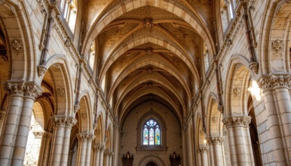 Fototapeta premium a romanesque side arch in a cathedral with semicircular stone vaults thick columns sculpted capitals and floral carvings producing authentic historic european medieval style