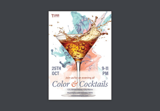 Color and Cocktails Event Flyer with Splashing Drink and Colorful Ink Background, Editable Design.