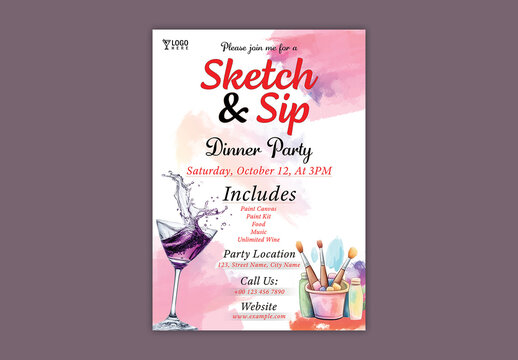 Sketch and Sip Party Flyer with Splashing Drink Glass and Paint Items, Editable Design.