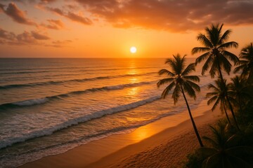 Fototapeta premium Golden sunset over a tropical beach with palm trees and gentle waves reflecting warm light on the shoreline