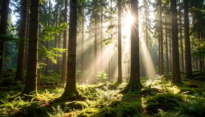 Obraz premium Sunlight streams through a dense forest (2)
