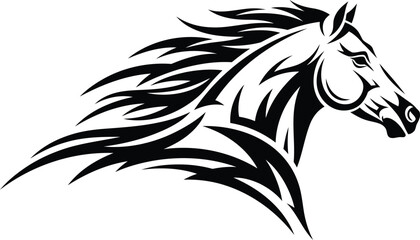 Majestic horse head with flowing mane showcases strength and power in a dynamic black design