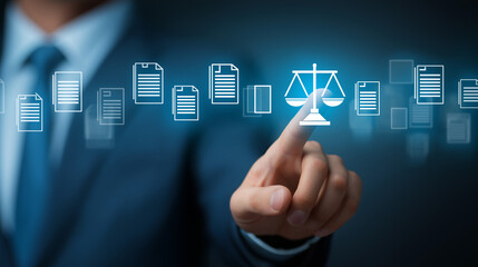 Business man hand's points to blue digital interface displaying law and legal document management systems, symbolizing organization, efficiency, and modernization in legal data and case handling.