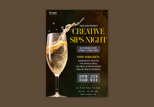 Creative Sips Night Party Flyer with Champagne Glass and Event Details, Editable Design.