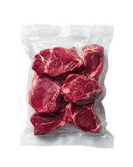 Fototapeta premium Photo of a vacuum-packed plastic bag containing three steaks, against a transparent background, taken from a top-down perspective.