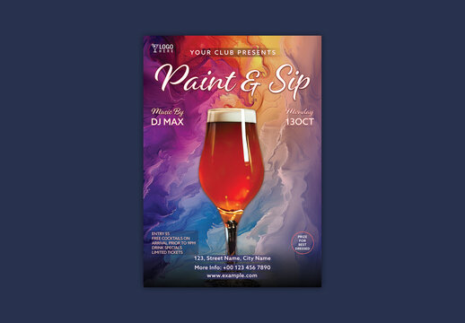 Paint and Sip Party Flyer with Cocktail Glass in Colorful Abstract Background for Creative Art Night Event Promotion, Editable Design.