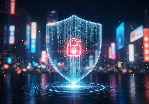 Digital shield with glowing padlock and binary code streams, representing cybersecurity and data protection in a futuristic city at night
