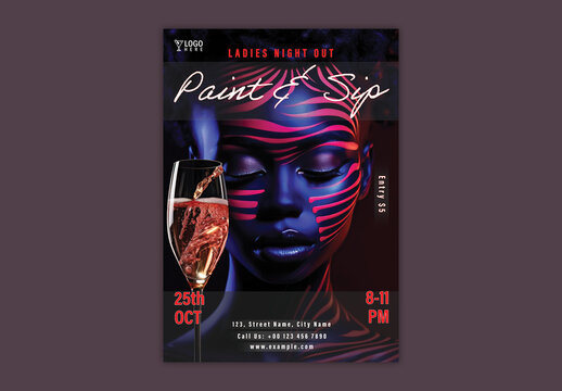 Ladies Night Paint and Sip Flyer with Painted Woman Face Art and Champagne Glass, Editable Design.