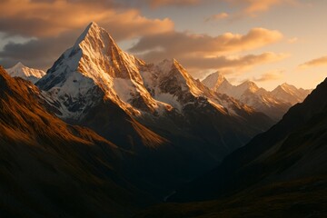 Dramatic snow-capped mountain peaks illuminated by golden sunrise light with shadowed valley below under clear sky