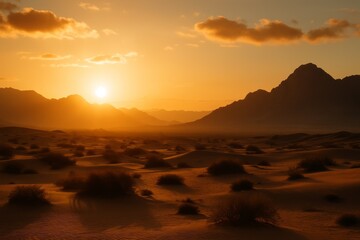 Sunrise over arid desert plain with scattered shrubs and distant mountain silhouettes under glowing orange sky