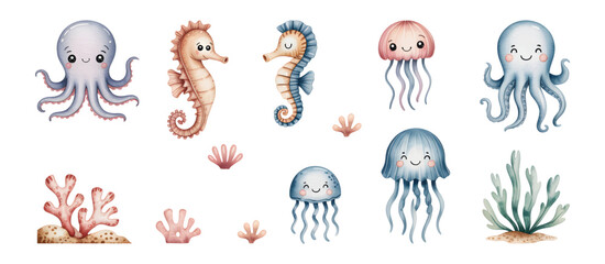 Watercolor illustration of cute octopus, seahorse, and jellyfish vector collection. © Songrami