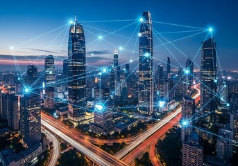 Modern city skyline at night with glowing digital network connections overlaying skyscrapers and illuminated roads